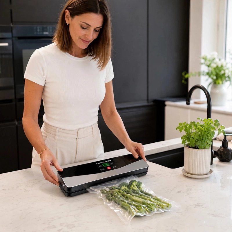 Femme conservant des légumes avec une machine sous vide