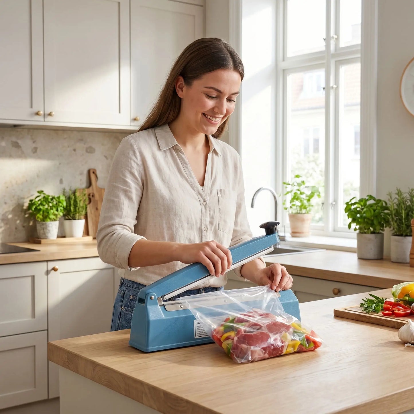Femme utilisant machine sous vide cuisine
