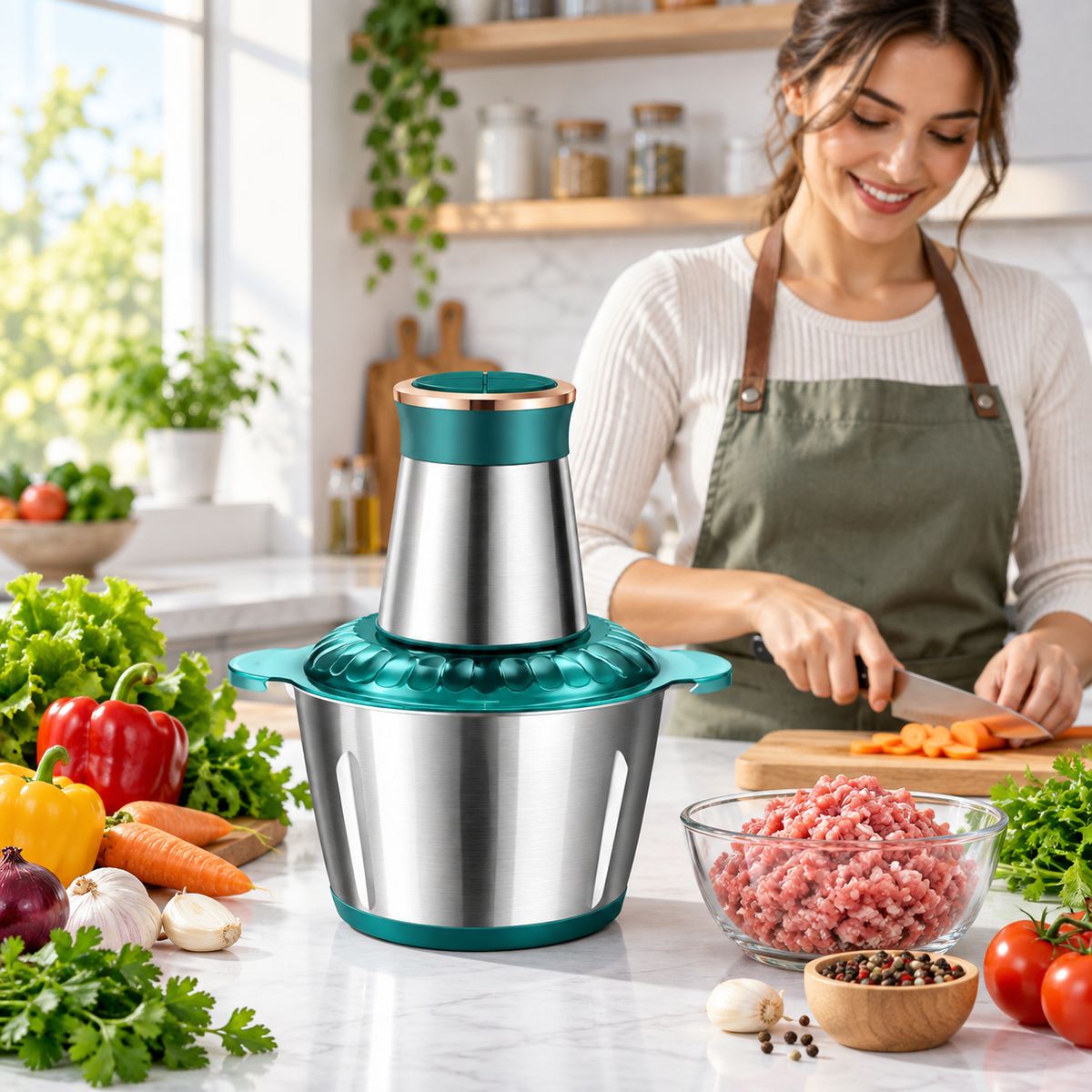 Hachoir électrique utilisé par femme en cuisine