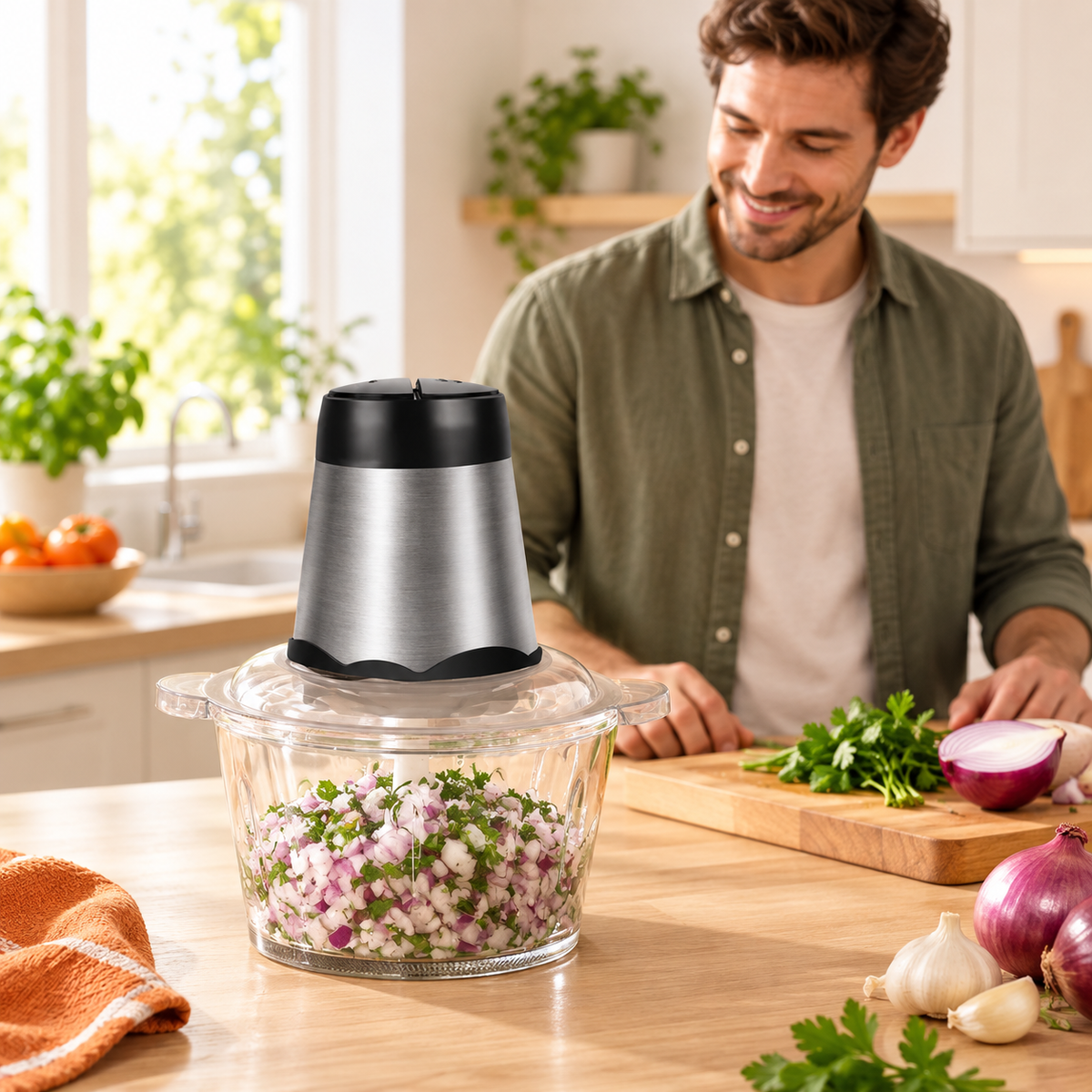 Hachoir électrique avec oignons et herbes en cuisine