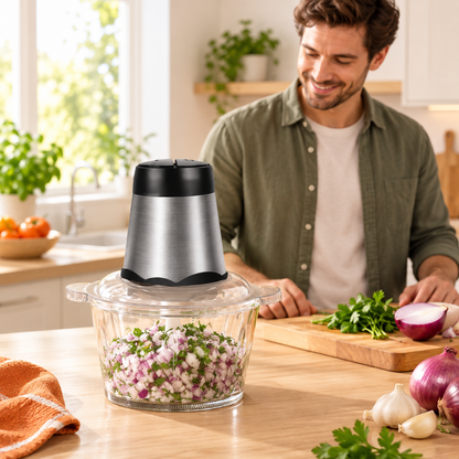 Hachoir électrique avec oignons et herbes en cuisine