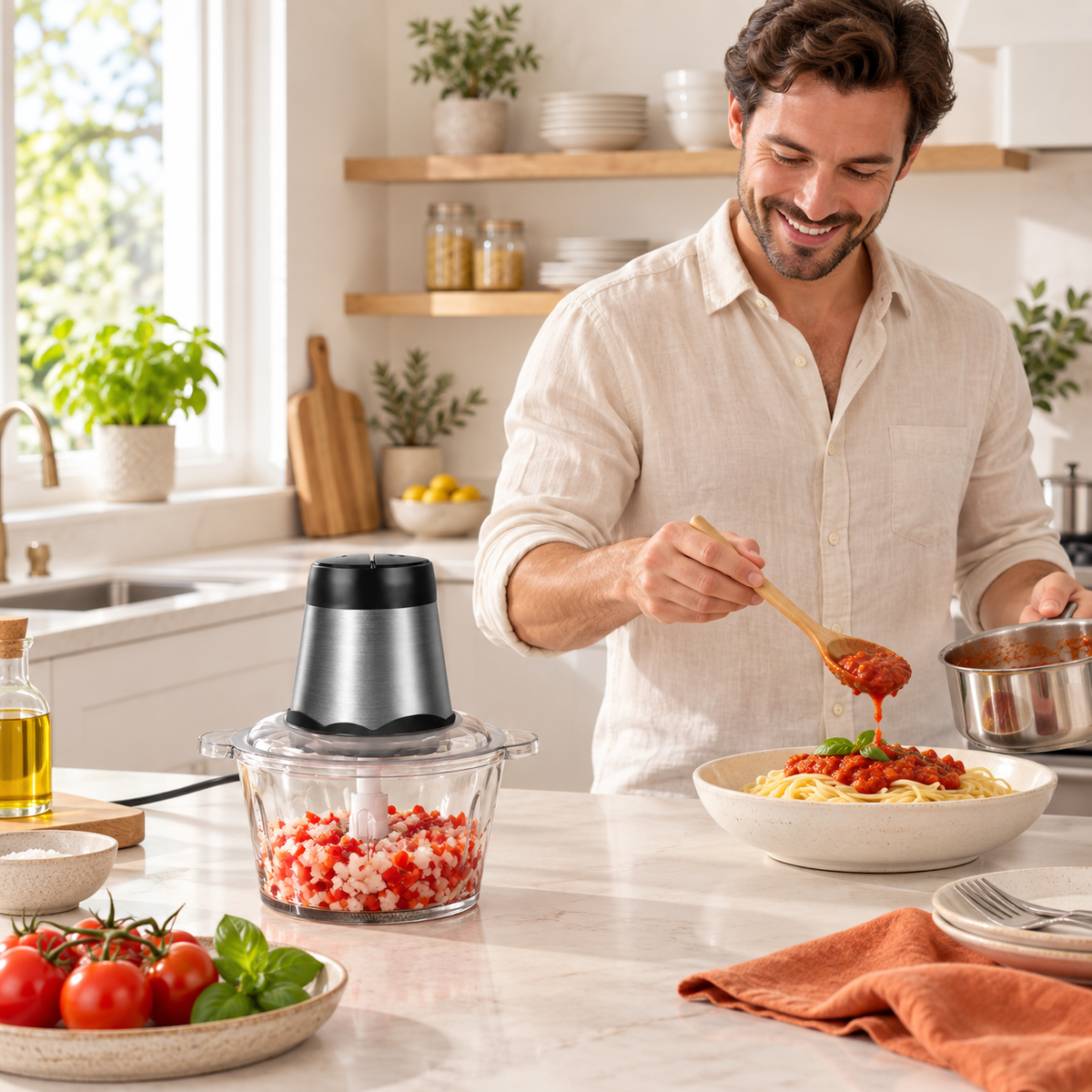 Hachoir électrique avec légumes près d’un plat de pâtes