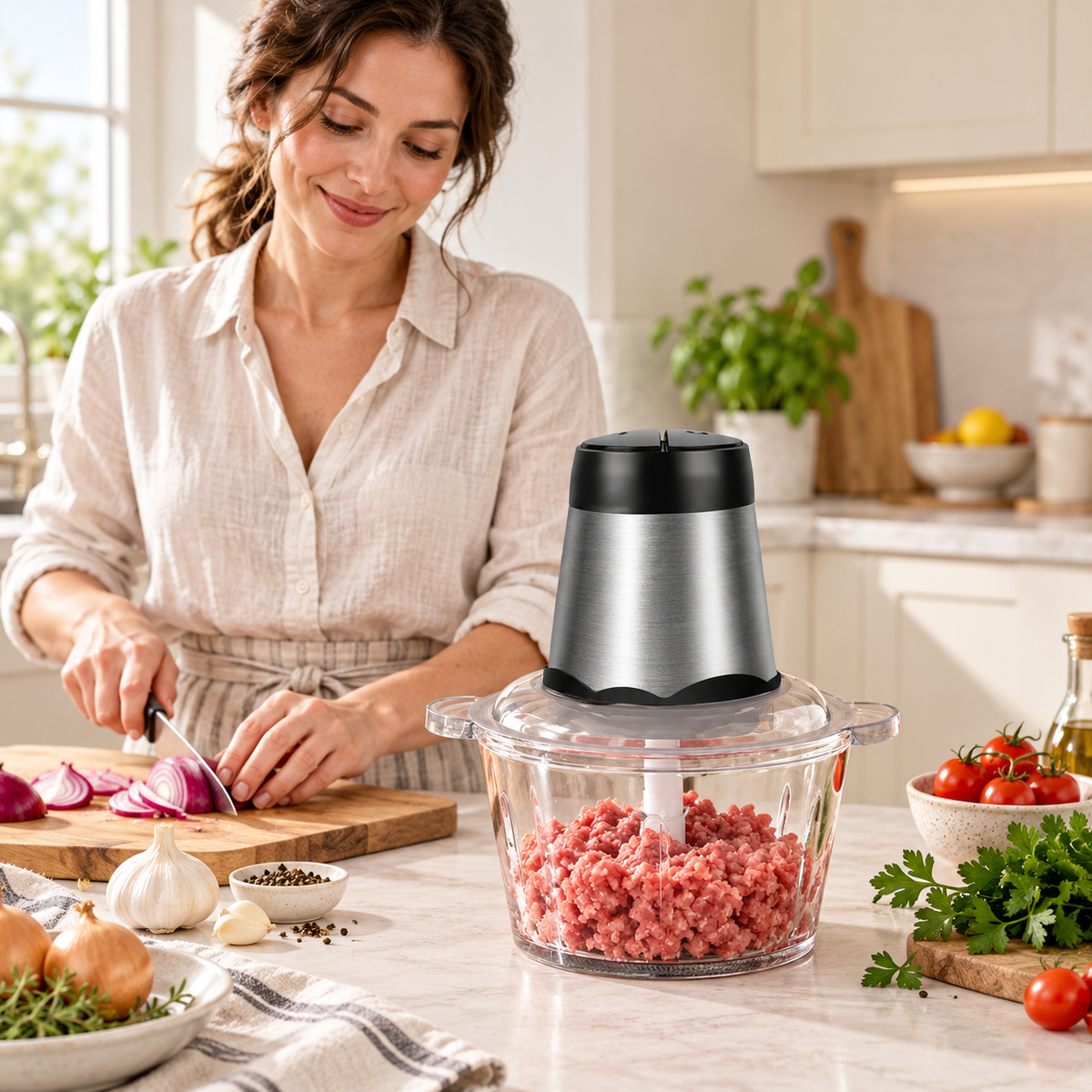 Hachoir électrique avec viande hachée dans une cuisine lumineuse