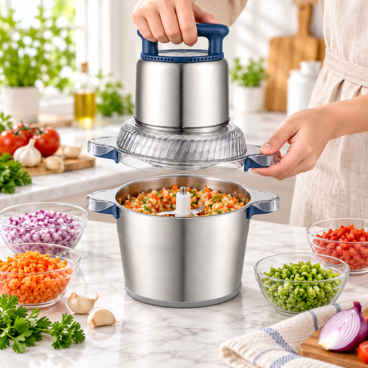 Hachoir puissant 1200 W avec légumes fraîchement hachés