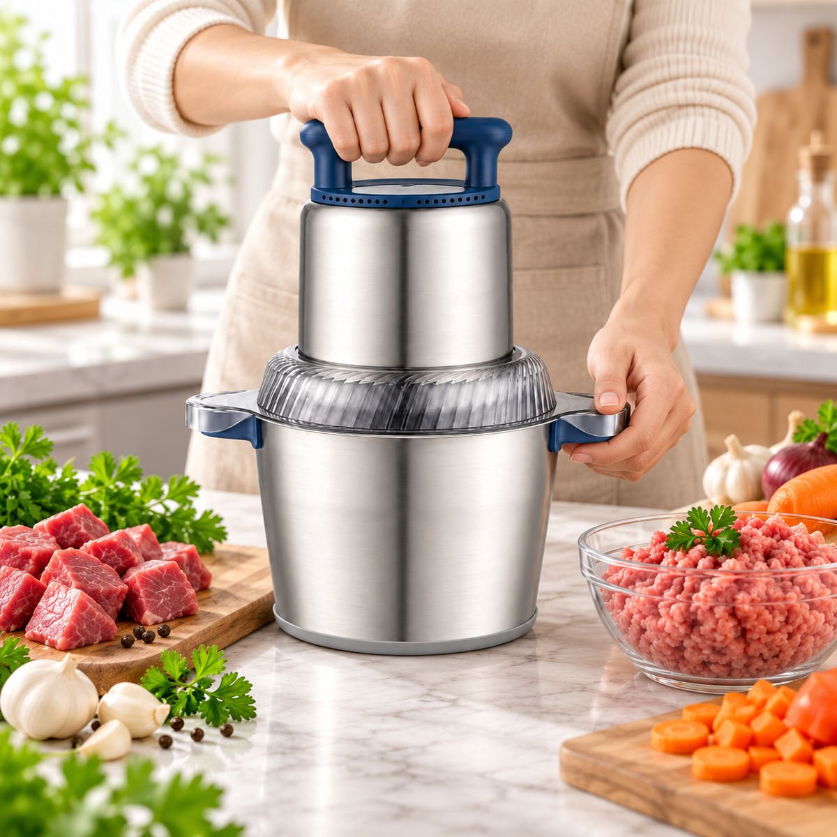Hachoir puissant 1200 W utilisé avec viande et légumes
