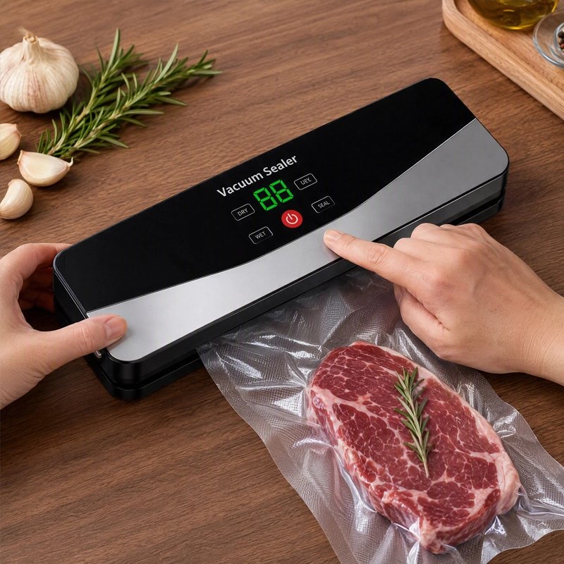 Machine sous vide emballant un morceau de viande