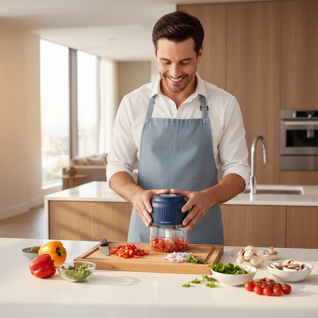 Mini hachoir electrique bleu foncé dans une cuisine haut de gamme
