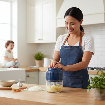 Mini hachoir electrique bleu foncé pour préparer les repas en famille
