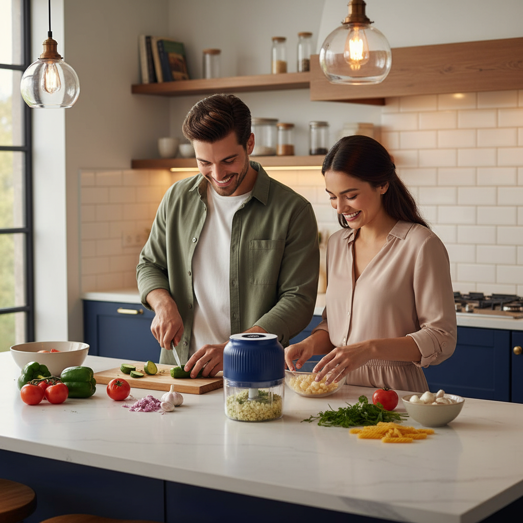 Mini hachoir electrique compact utilisé par un couple en cuisine
