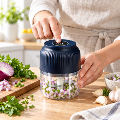 Mini hachoir électrique avec oignons et herbes