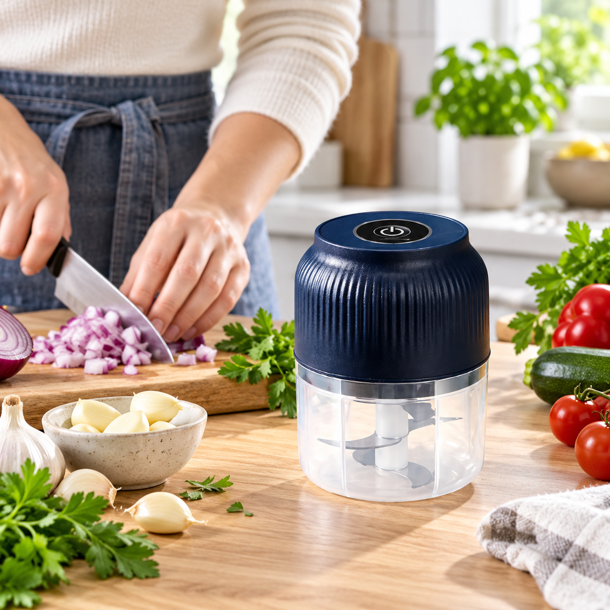 Mini hachoir électrique avec légumes en préparation