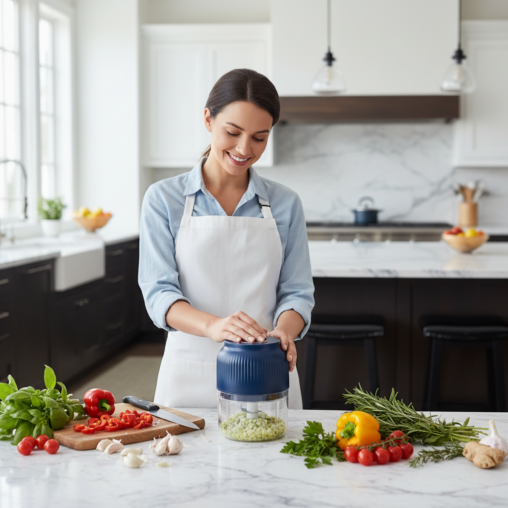 Mini hachoir electrique rechargeable utilisé dans une cuisine moderne
