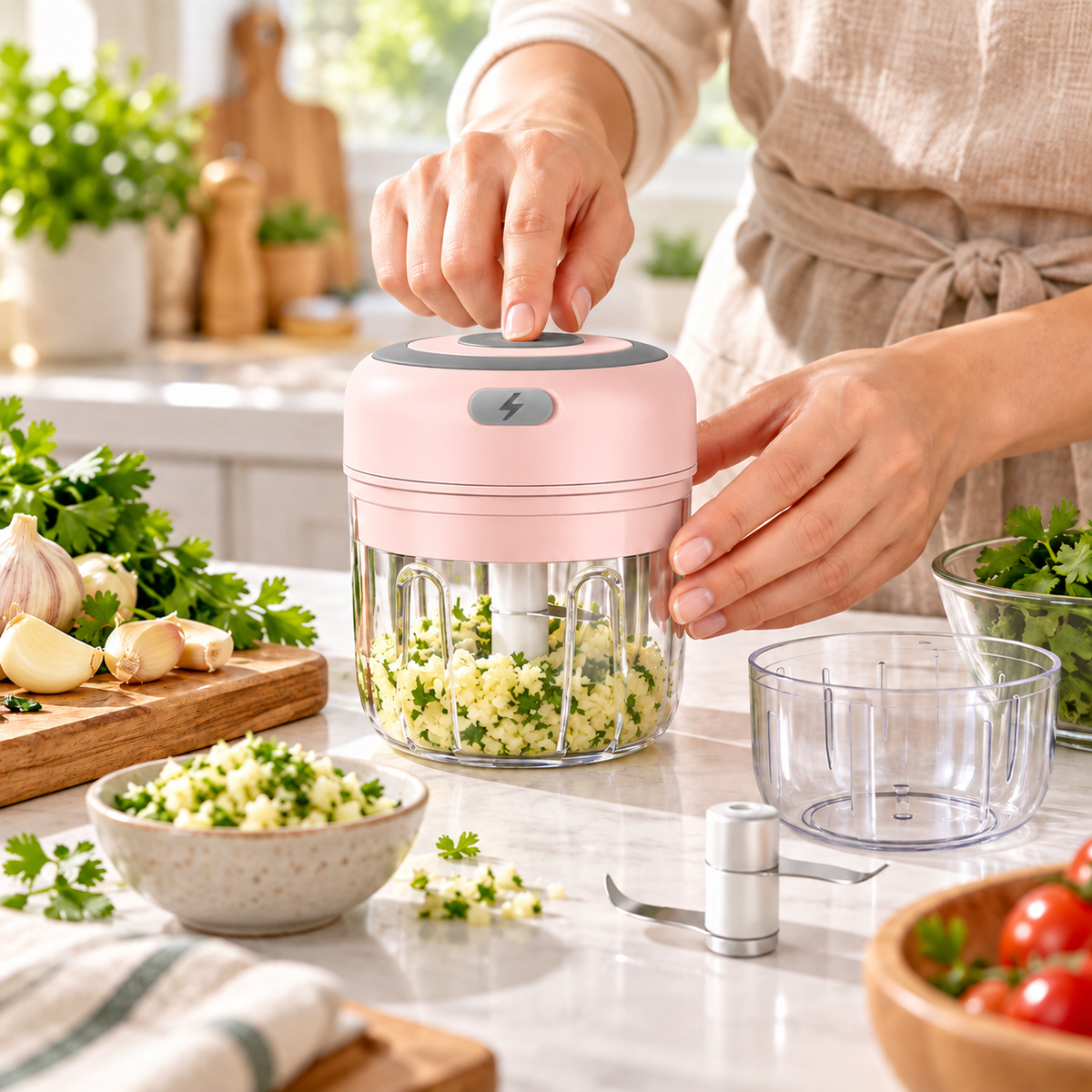 Mini hachoir électrique rose utilisé en cuisine