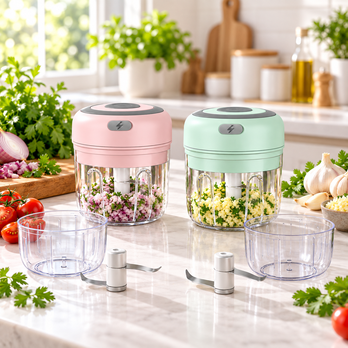 Mini hachoir électrique rose et vert avec accessoires