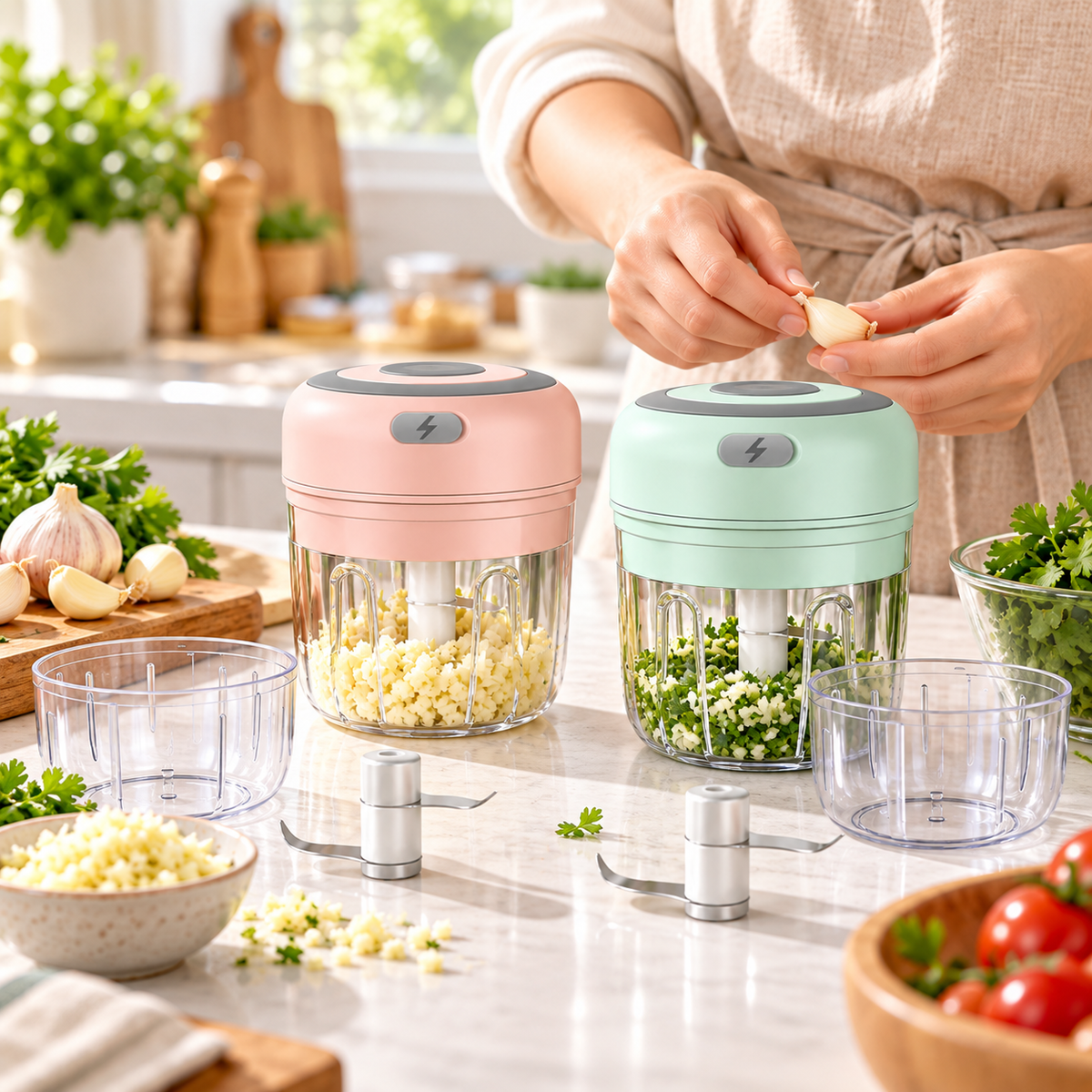 Mini hachoir électrique rose et vert en cuisine