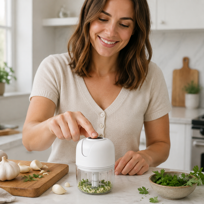 Mini hachoir électrique blanc avec ail et herbes