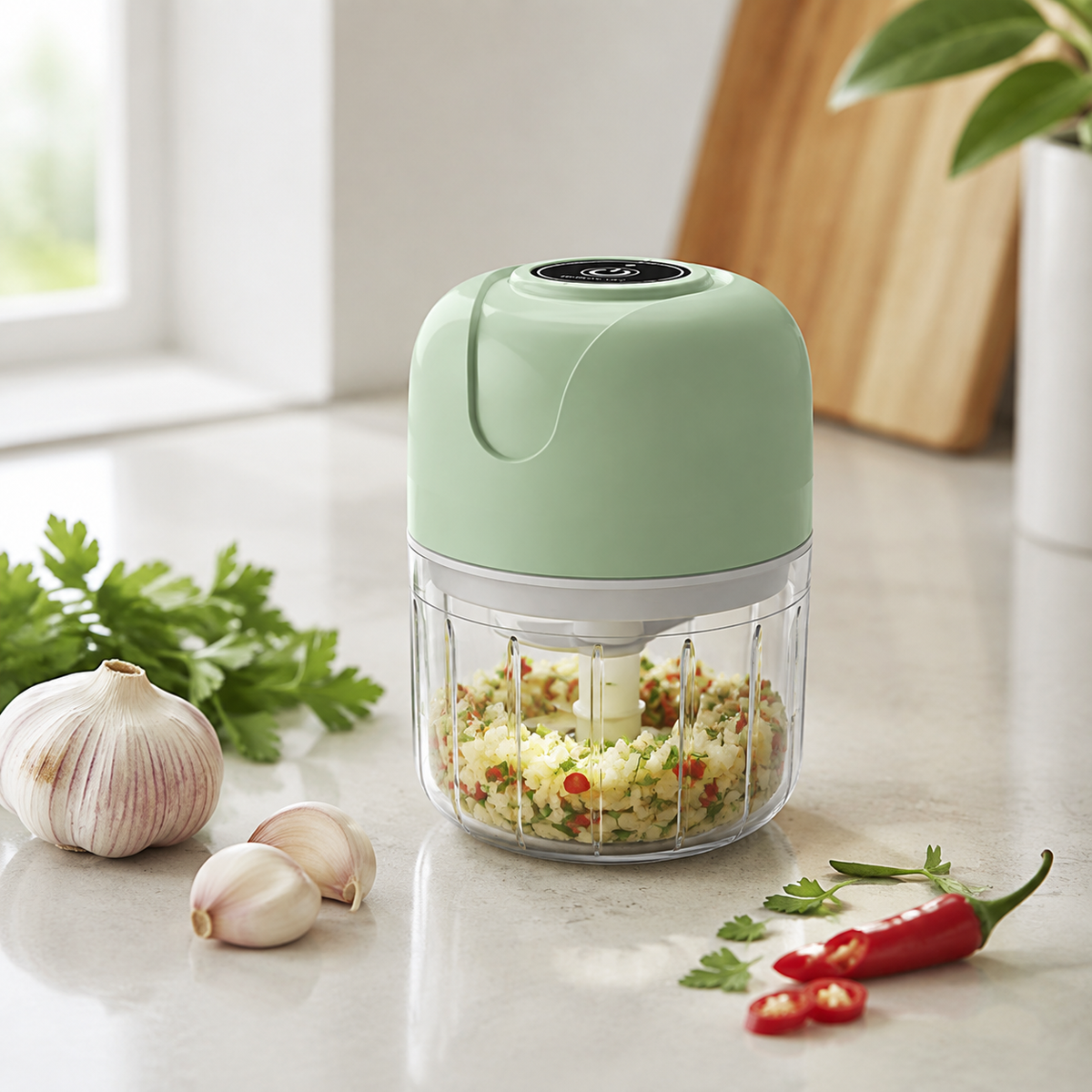 Mini hachoir électrique vert avec légumes hachés