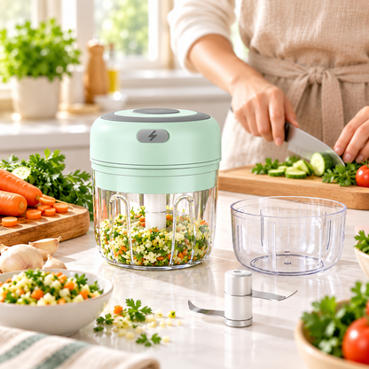ini hachoir électrique vert avec légumes en cuisine