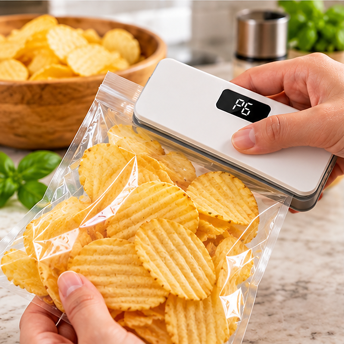 Soudeuse de sachets portable blanche utilisée pour fermer un emballage de chips dans une cuisine