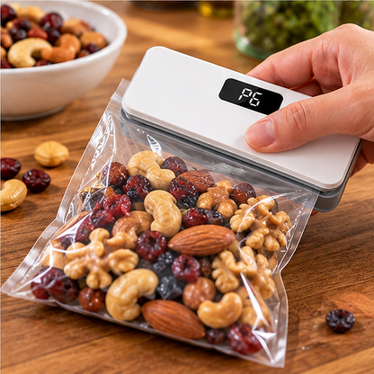 Mini soudeuse de sachets rechargeable utilisée pour refermer un sachet transparent de fruits secs