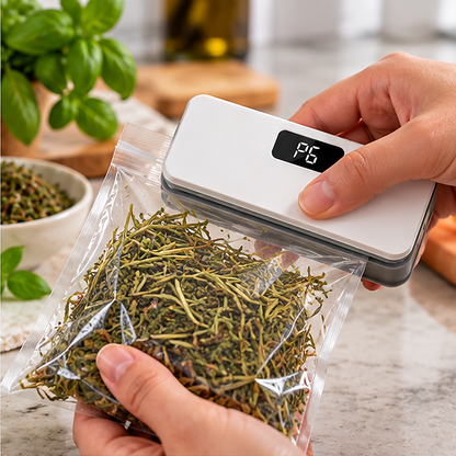 Mini soudeuse thermique rechargeable utilisée pour refermer un sachet d'herbes séchées