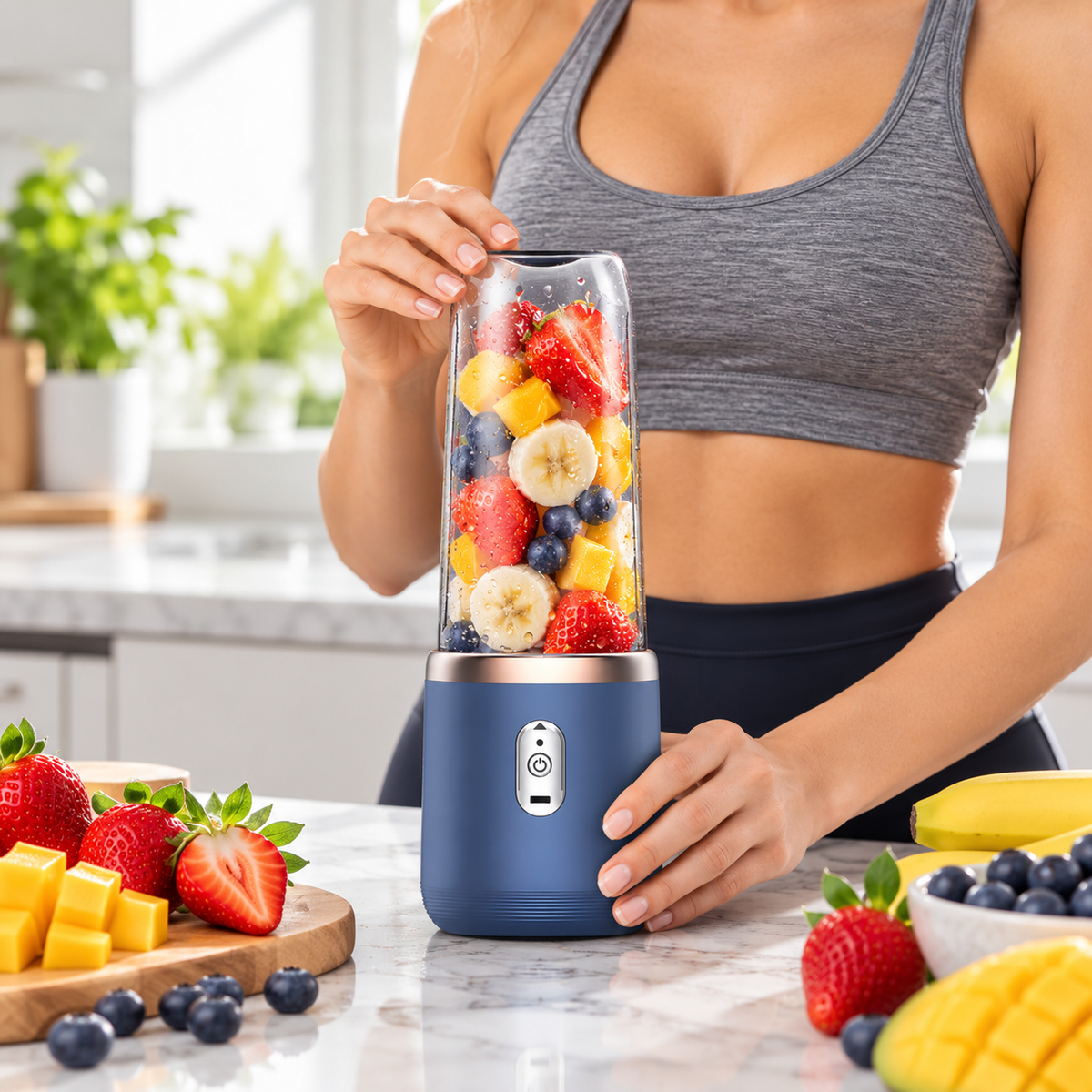 Mixeur portable bleu avec fruits