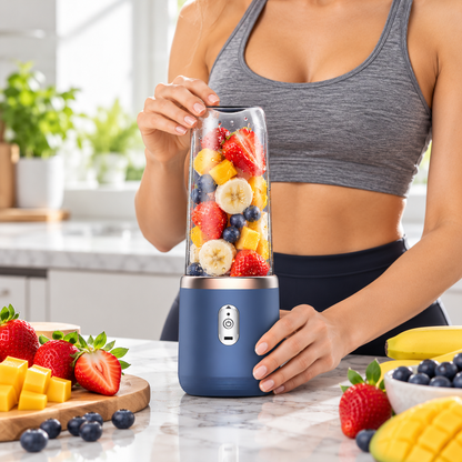 Mixeur portable bleu avec fruits