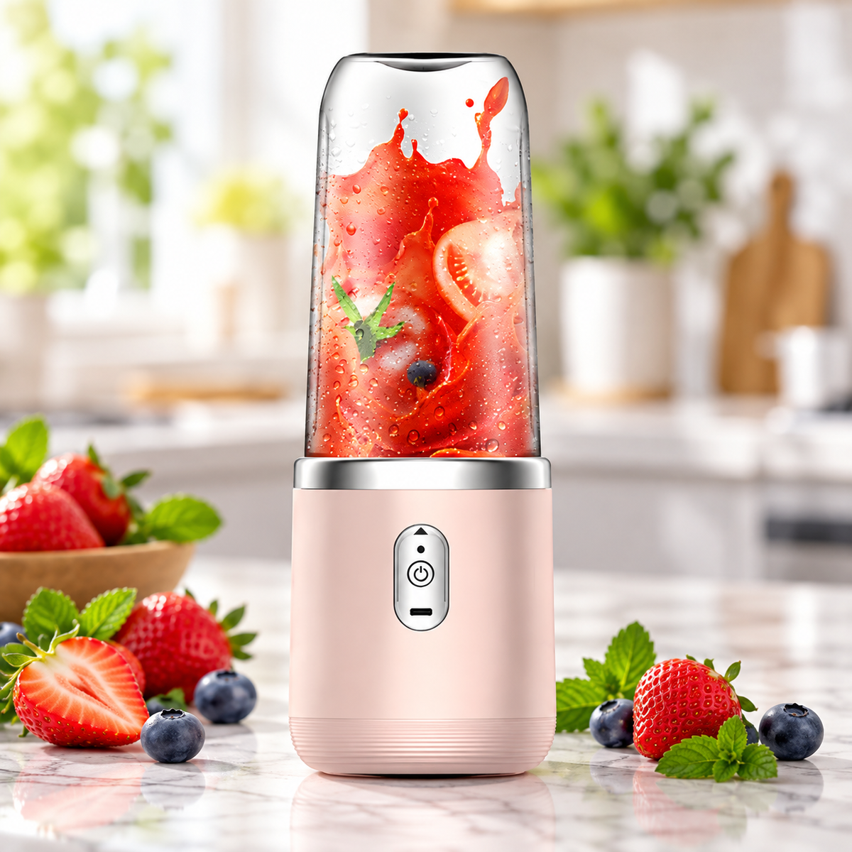 Mixeur portable rose avec fraises