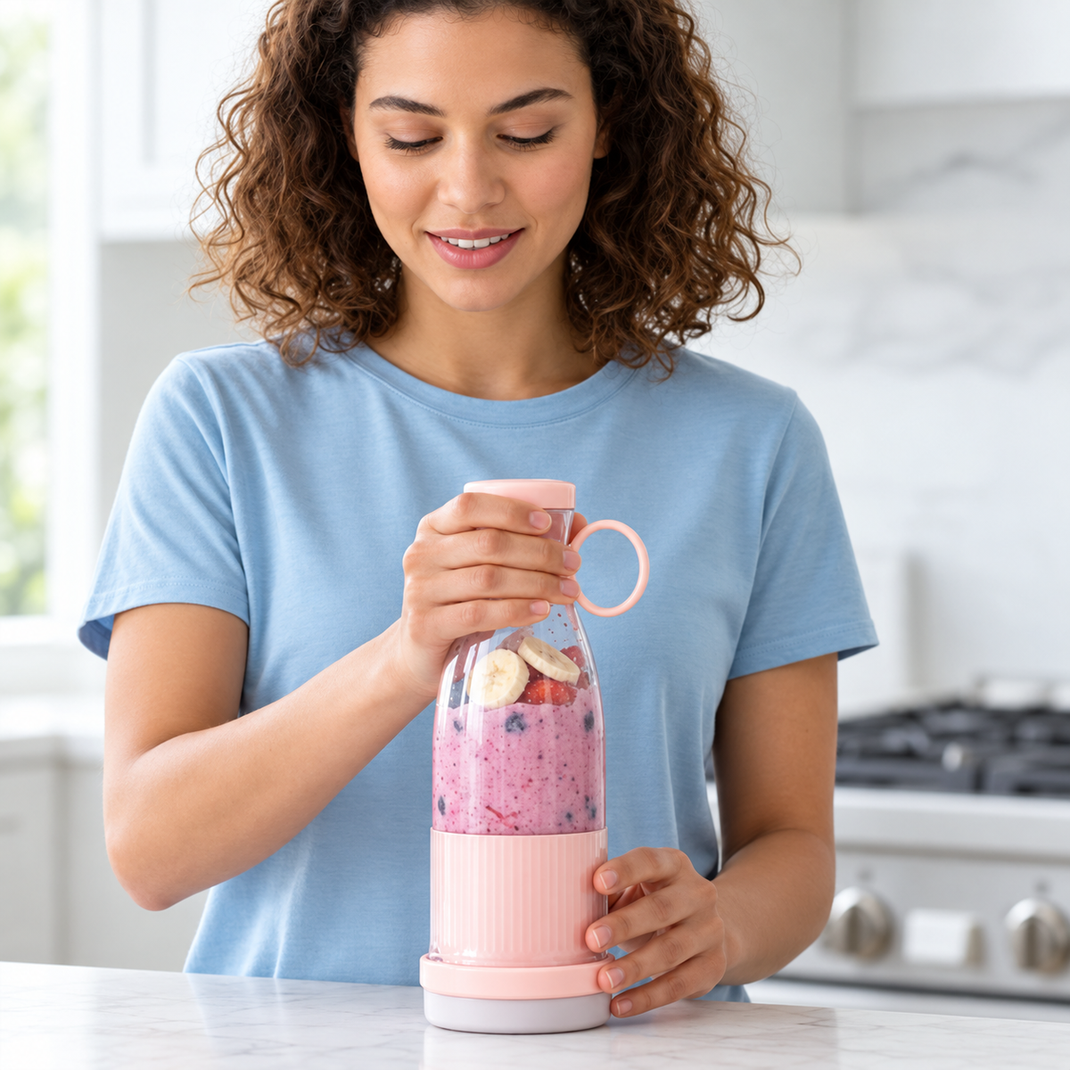 Femme tenant un mixeur portable rose avec smoothie