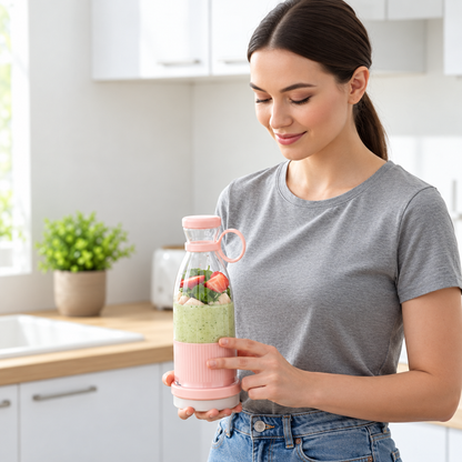 Femme tenant un mixeur portable rose avec smoothie vert