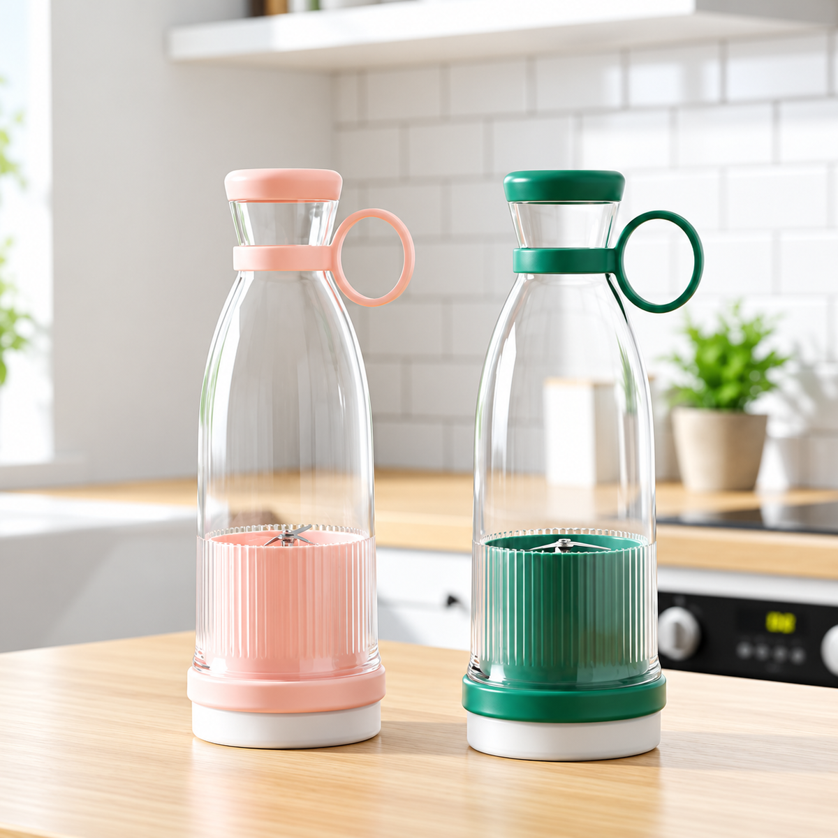 Mixeur portable rose et vert dans une cuisine lumineuse