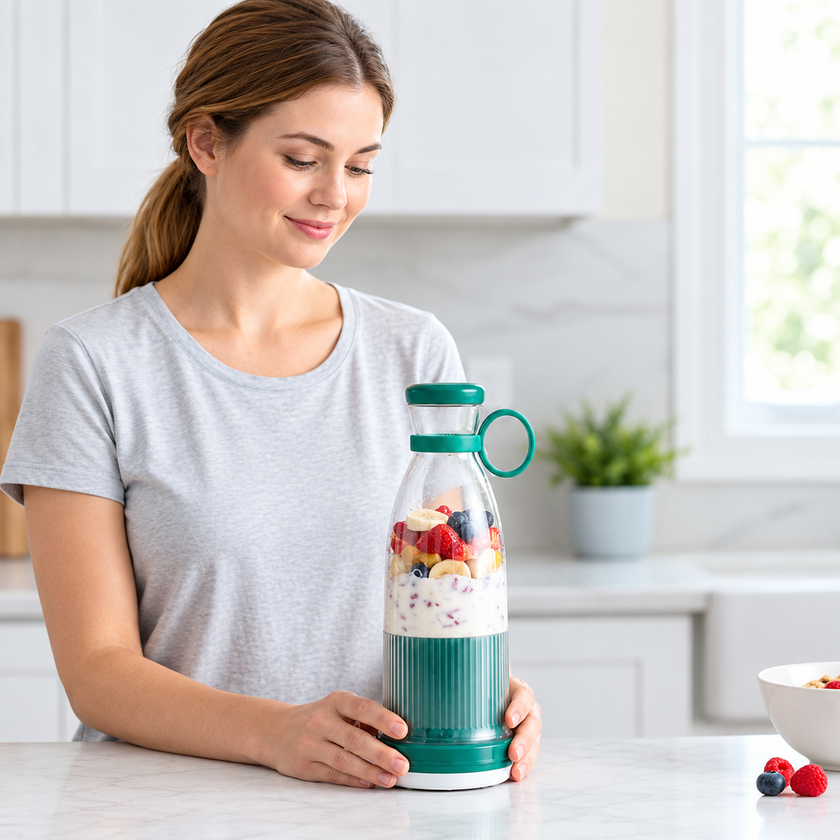 Femme tenant un mixeur portable vert rempli de fruits