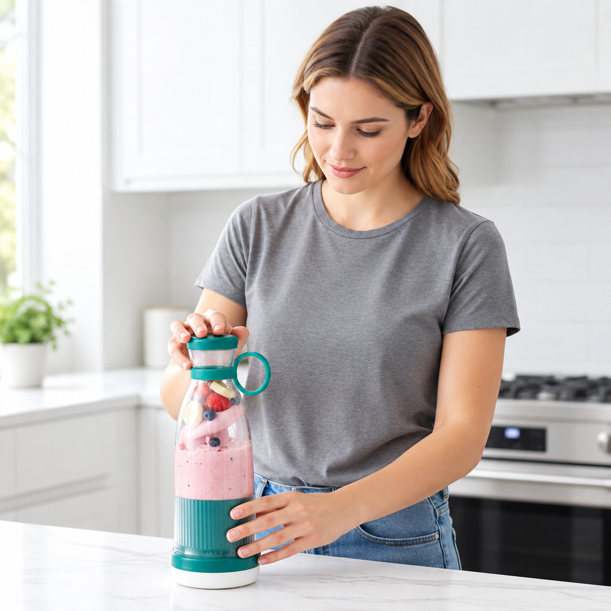 Femme tenant un mixeur portable vert avec smoothie