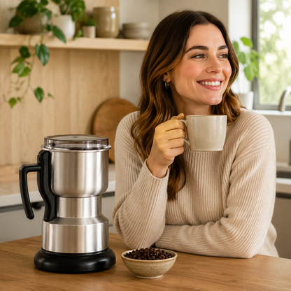Moulin à café électrique avec femme tenant une tasse