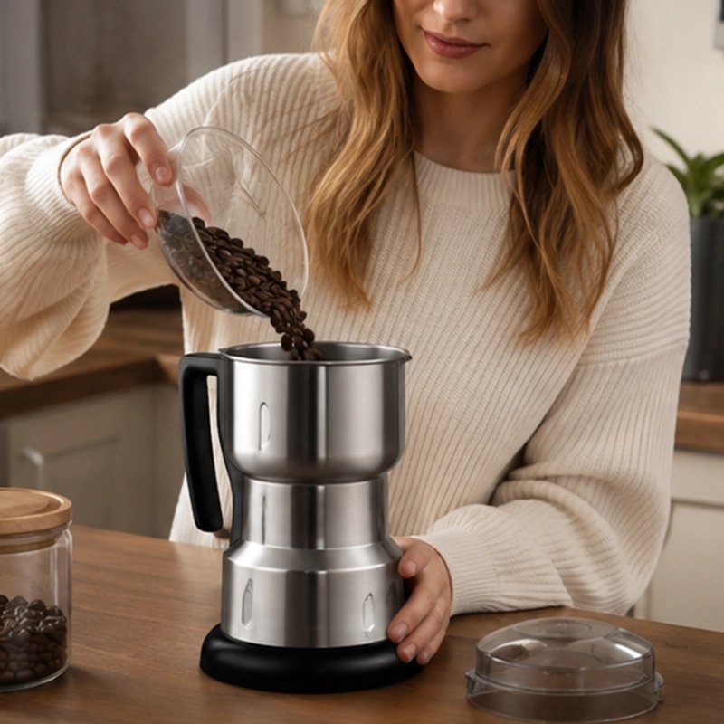Moulin à café électrique avec grains versés en cuisine