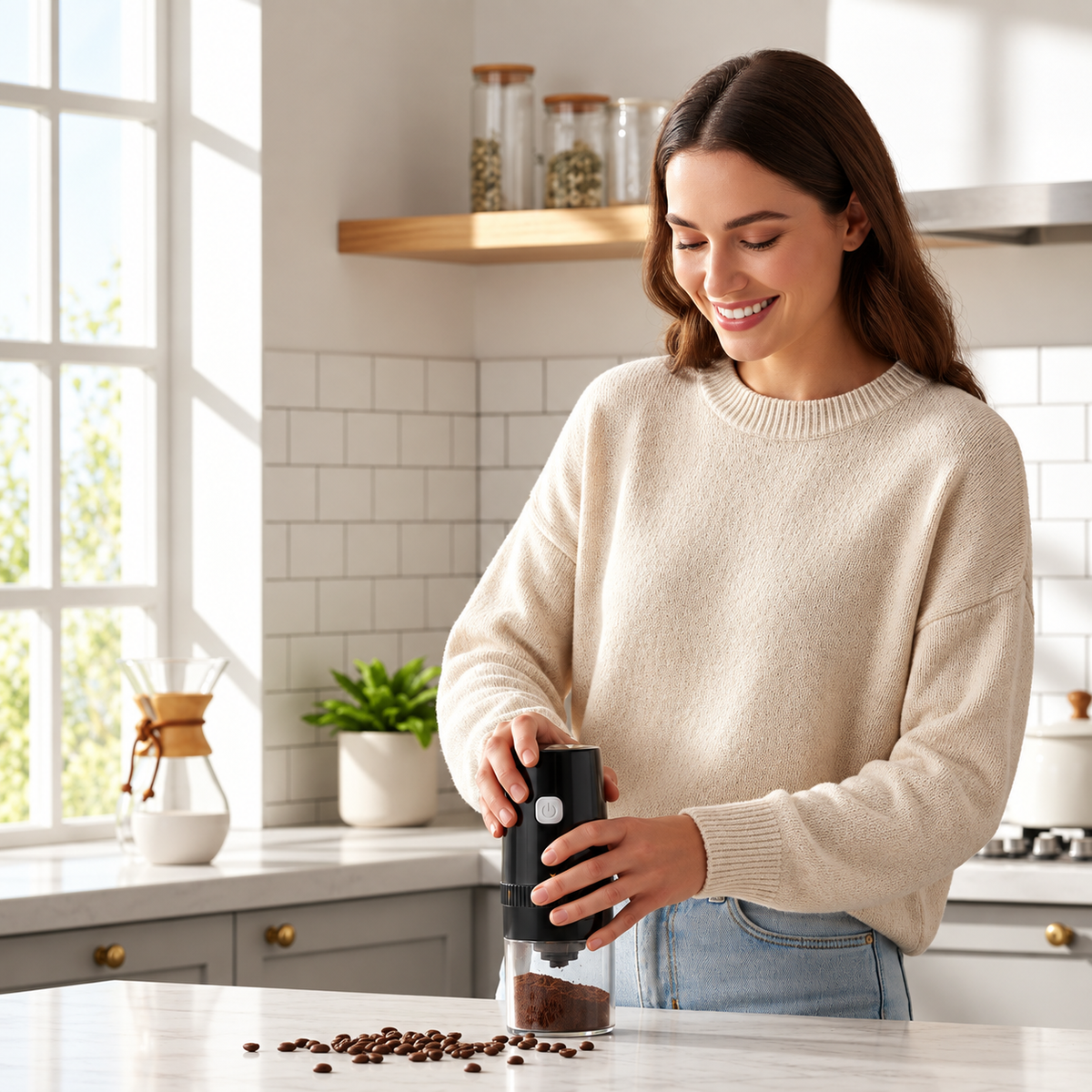Femme avec un moulin à café électrique noir