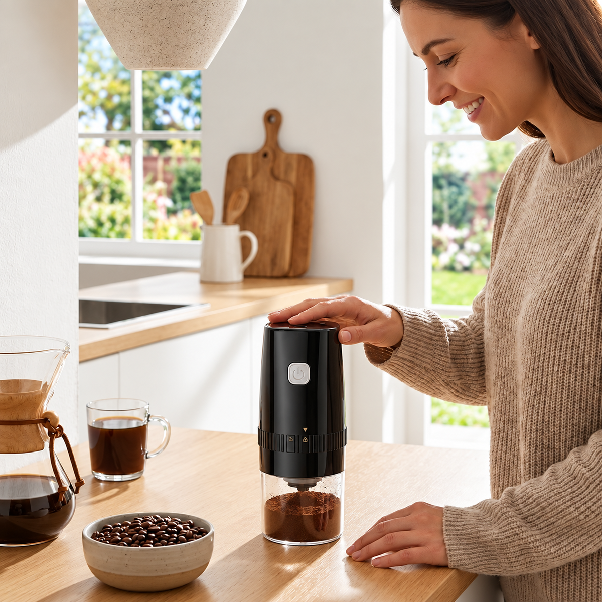 Femme avec un moulin à café électrique 