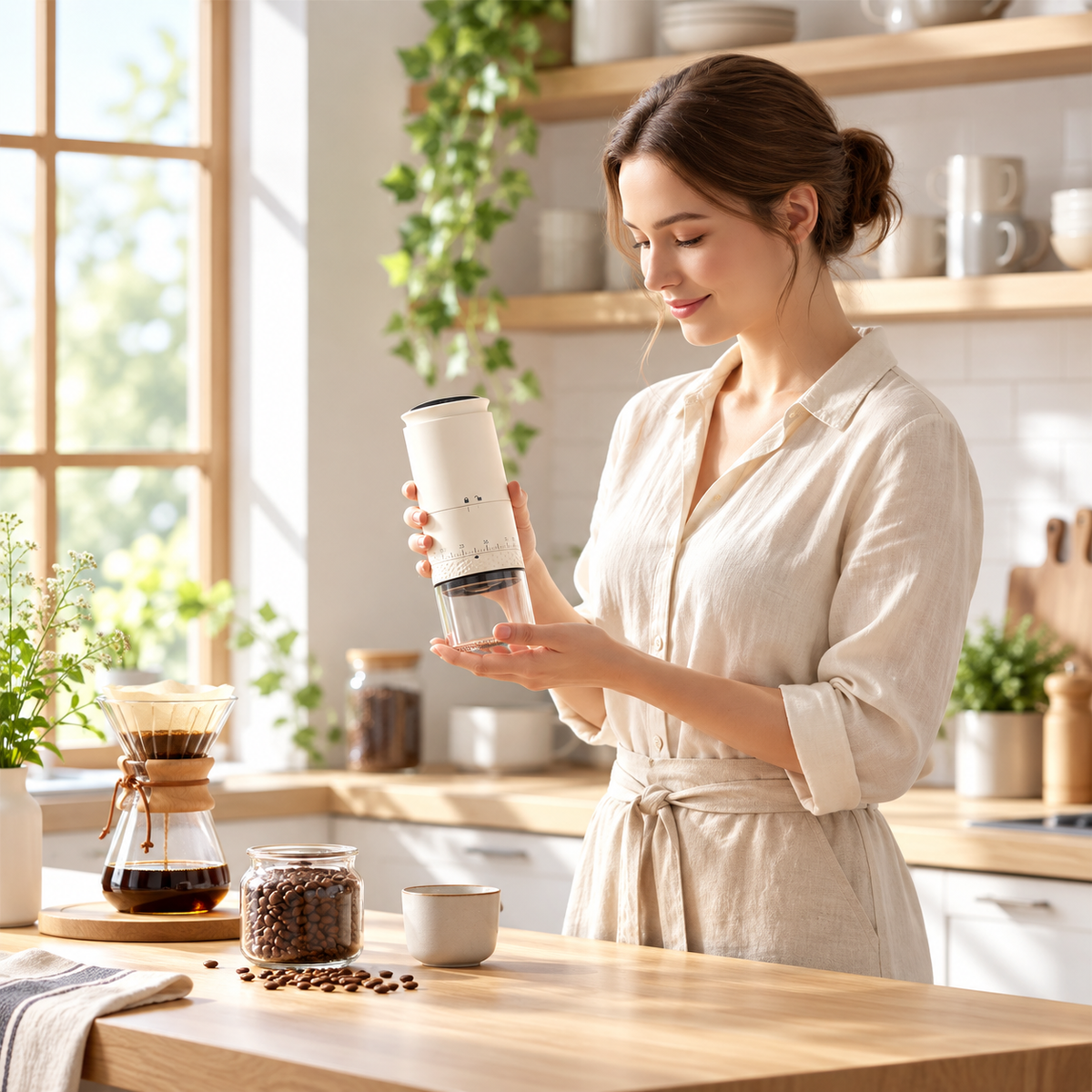 Femme avec moulin à café portable électrique blanc