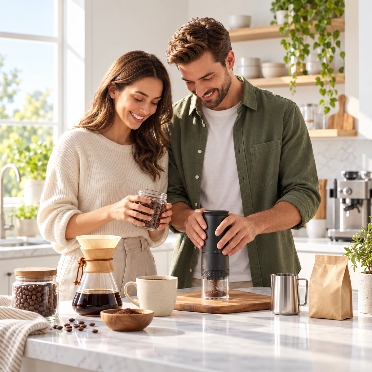 Couple utilisant un moulin à café portable électrique