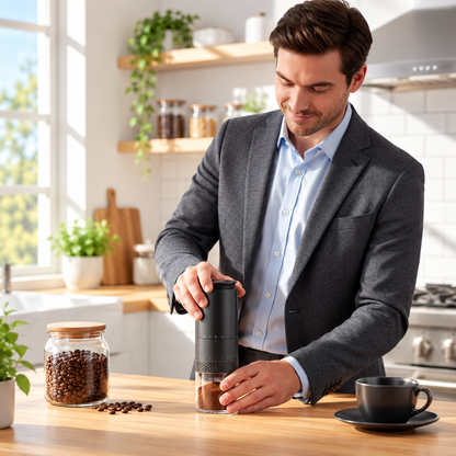 Homme utilisant un moulin à café portable électrique noir