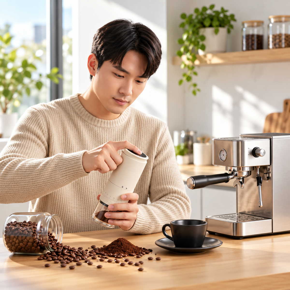 Homme utilisant un moulin à café portable électrique
