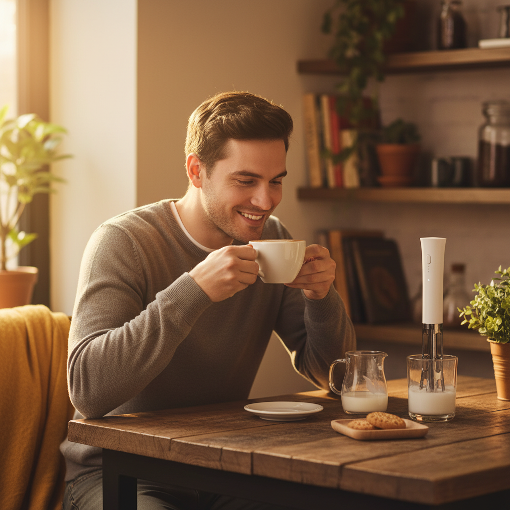 Homme souriant dégustant un latte avec mousseur à lait électrique mains libres
