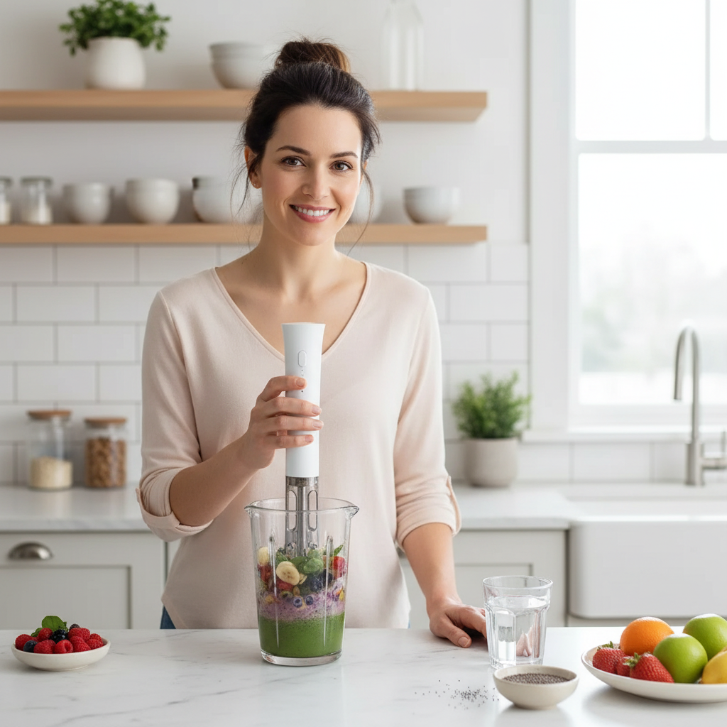 Femme souriante préparant un smoothie avec mousseur électrique mains libres
