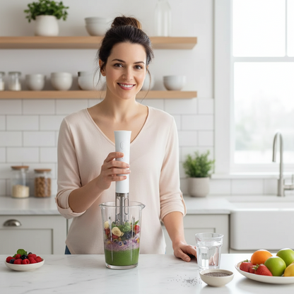 Femme souriante préparant un smoothie avec mousseur électrique mains libres
