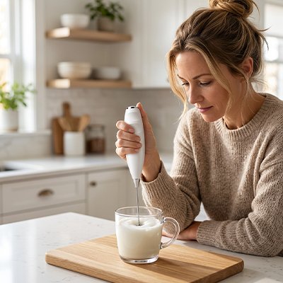 Mousseur à lait électrique – Utilisation lifestyle cuisine blanche