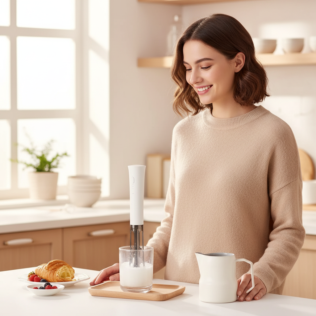	Mousseur à lait sans main utilisé par une femme souriante dans une cuisine moderne
