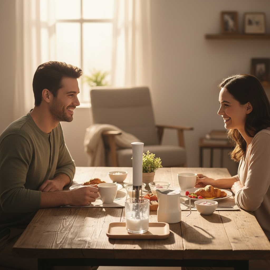 Couple souriant au petit-déjeuner avec mousseur à lait mains libres sur plateau en bois

