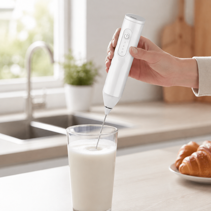 Mousseur à lait blanc utilisé dans un verre