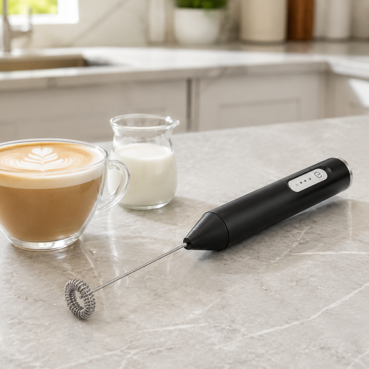 Mousseur à lait noir posé avec un café