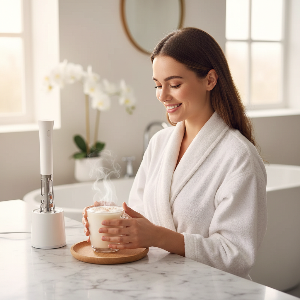 Femme souriante en robe blanche tenant une tasse de lait moussé, mousseur électrique sur comptoir
